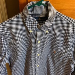 Ralph Lauren Mens M Medium Shirt Top Button Down EUC Blue White Plaid Gingham